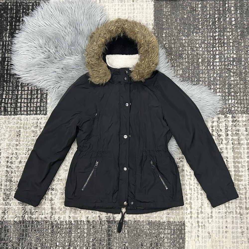 American Rag Cie Women's Black Fleece Hooded Coat Fur Trim Jacket‎ Size Medium